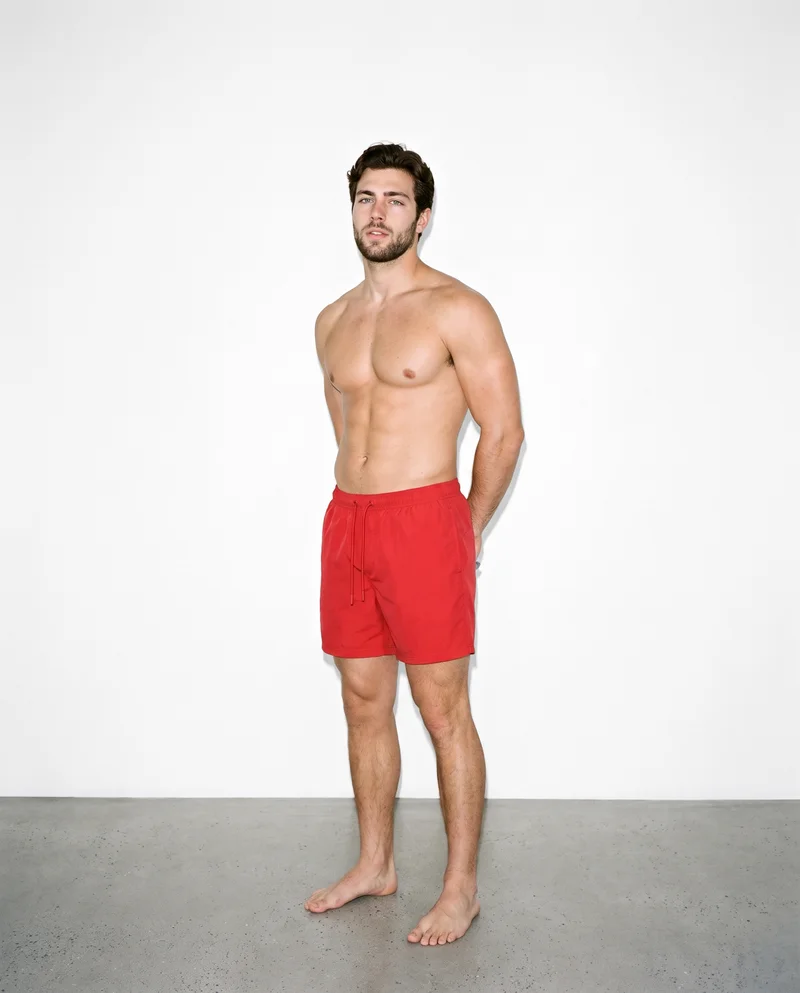 Red Swim Trunks, Full body at Three-quarter, Clean Catalog lighting