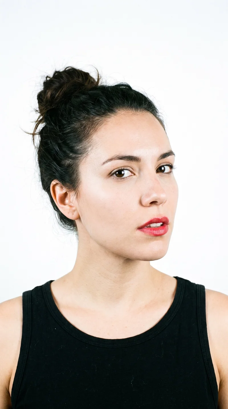 A 45-year-old Southeast Asian woman with medium-brown caramel skin and a warm golden undertone. Her angular face has sharp, defined cheekbones and jawline, with medium-thick eyebrows, very dark near-black eyes, and very full lips. Her deep black hair is gathered into a loose, messy bun with softly undone strands.