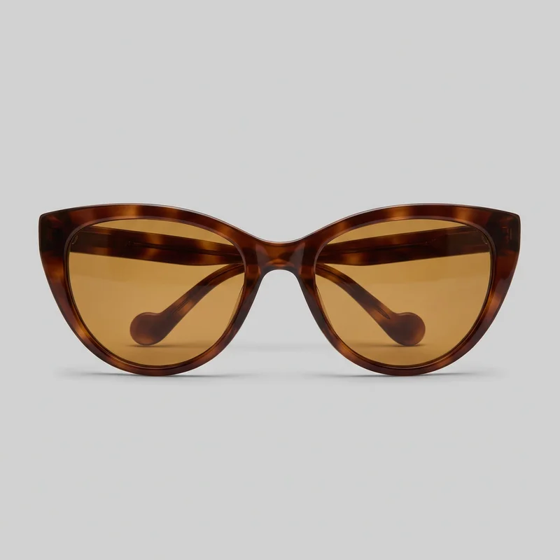 Women's brown cat-eye sunglasses shown in a complete front view. The glasses have thick upswept full-rim frames, rounded teardrop-shaped lenses with pointed outer corners, a pronounced notched bridge, rounded integrated nose pads, broad folded temples visible behind the lenses, and visible hinge blocks at the sides.