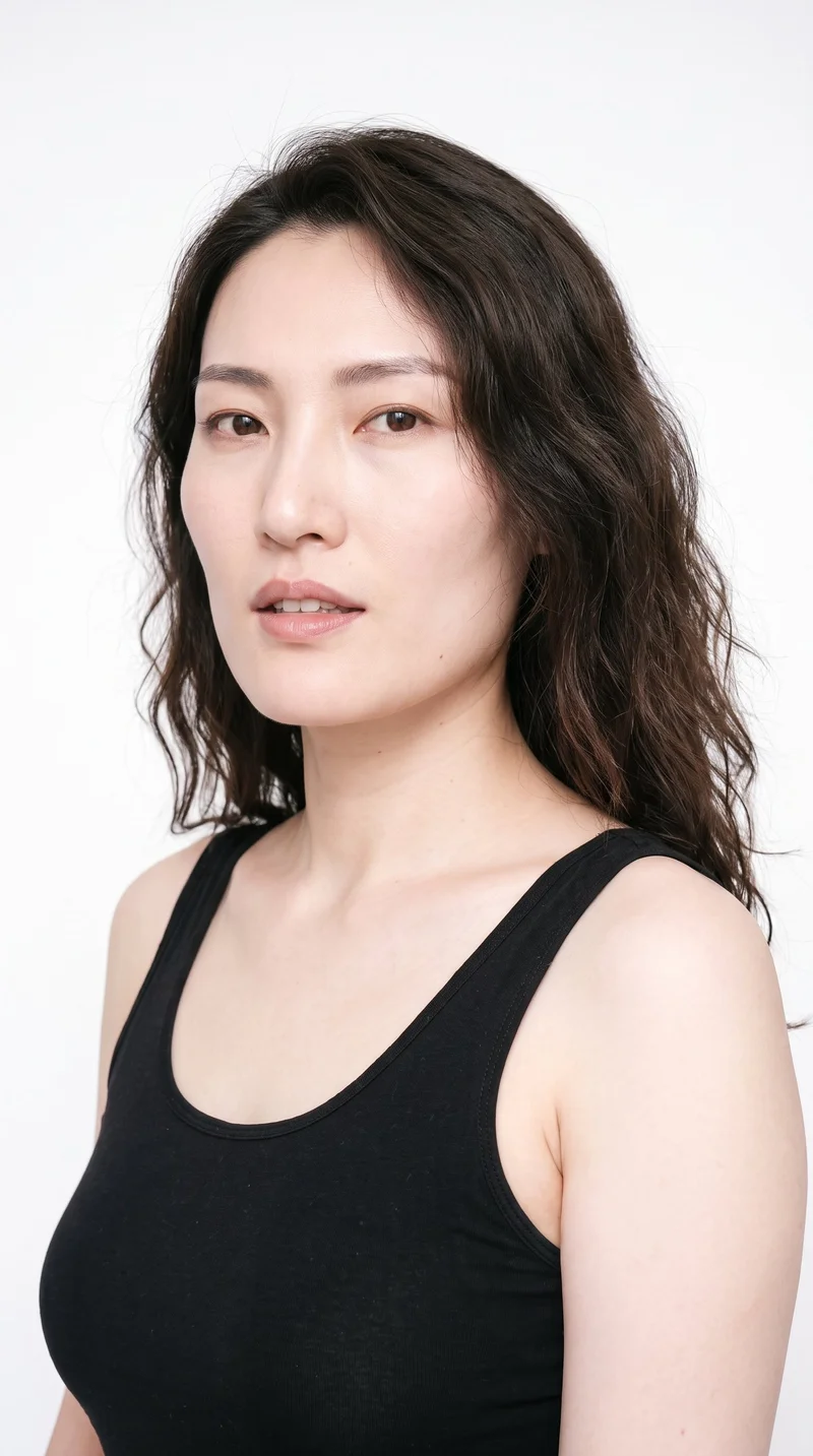 A 32-year-old Chinese woman with a light porcelain skin tone and neutral undertone. Her square face has a broad forehead and a strong, defined jaw, creating an angular, structured appearance. She has thin eyebrows, brown eyes, and thin lips. Her dark-brown hair falls in loose, slightly tousled waves with natural volume.