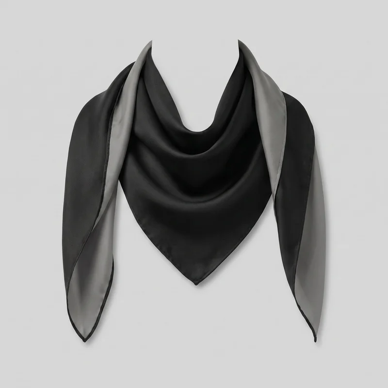 A black silk square neck scarf is draped on a neck display from the front in a loose wrapped style. It forms a triangular front bib with a pointed lower corner and two elongated tapered ends hanging down. Contrasting face and reverse panels, a narrow finished border, and soft folds are visible.