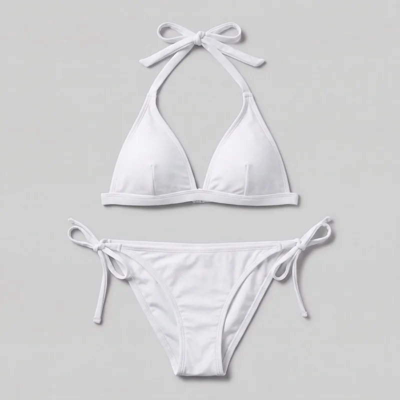 A white two-piece triangle bikini set is shown in a flat-lay standalone view. The halter top has triangular cups with vertical dart seams, narrow bound edges, a straight underbust band, a deep V plunge, and straps tied behind the neck in a bow. The low-rise bottoms have high-cut leg openings, bound edges, a narrow waistband, and tie strings at both hips finished in bows with capped ends.