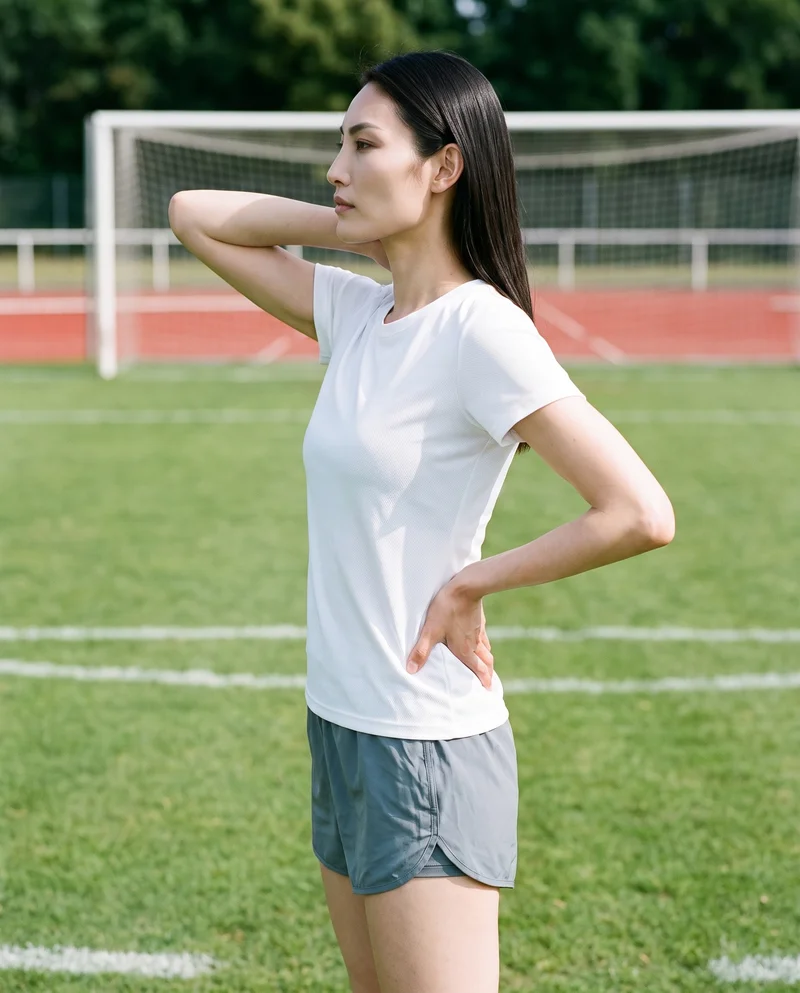 A 34-year-old Japanese woman wears a white mesh performance top, shown in an upper-body side view with one hand behind her neck and a natural expression. A soccer pitch forms the backdrop.