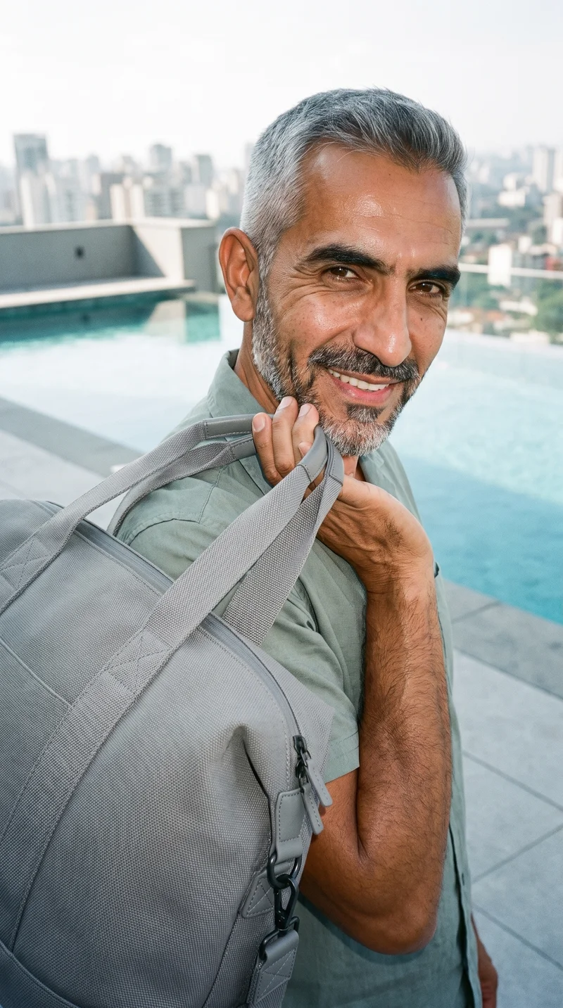 Grey Weekend Bag, Selfie at Front, Clean Catalog lighting