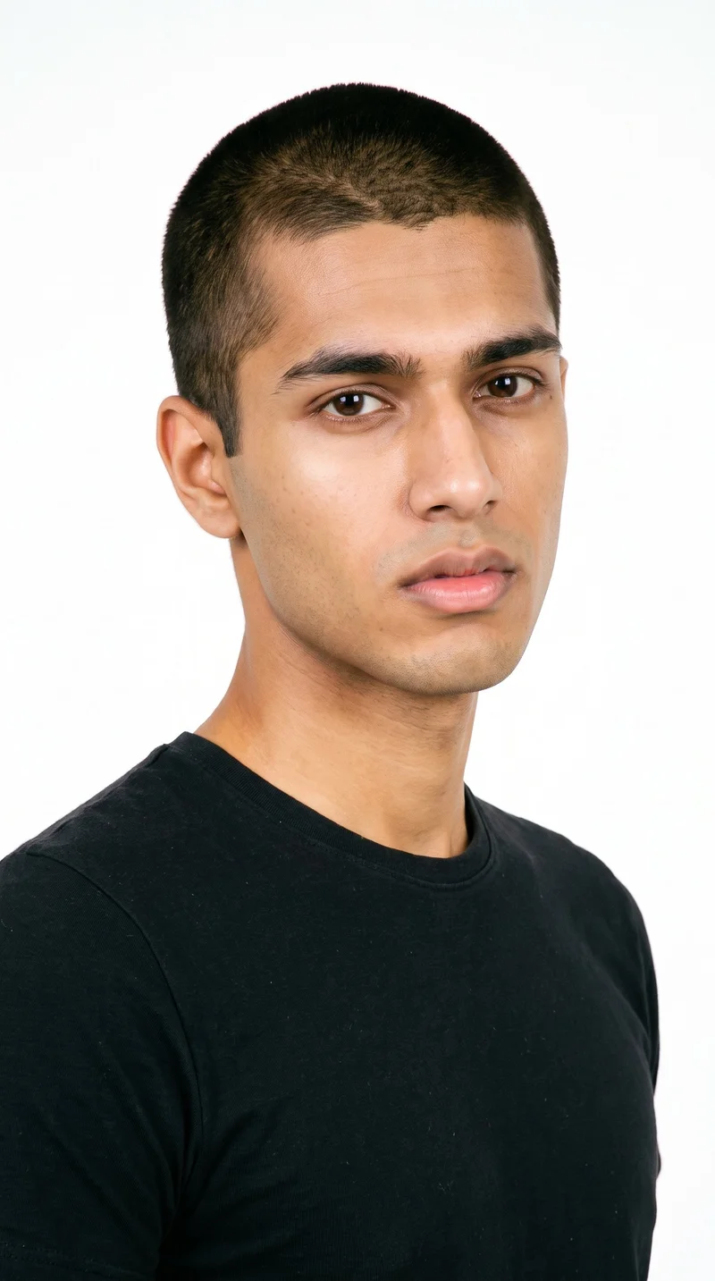 An 18-year-old Indian man with a honey skin tone and olive-green undertone. His triangle-shaped face has a wide jaw that narrows toward the forehead, emphasizing the lower face. He has medium-thickness eyebrows, brown eyes, and full lips. His dark-brown hair is clipped very short and evenly in a buzz cut, and he is clean-shaven with smooth skin across the face.