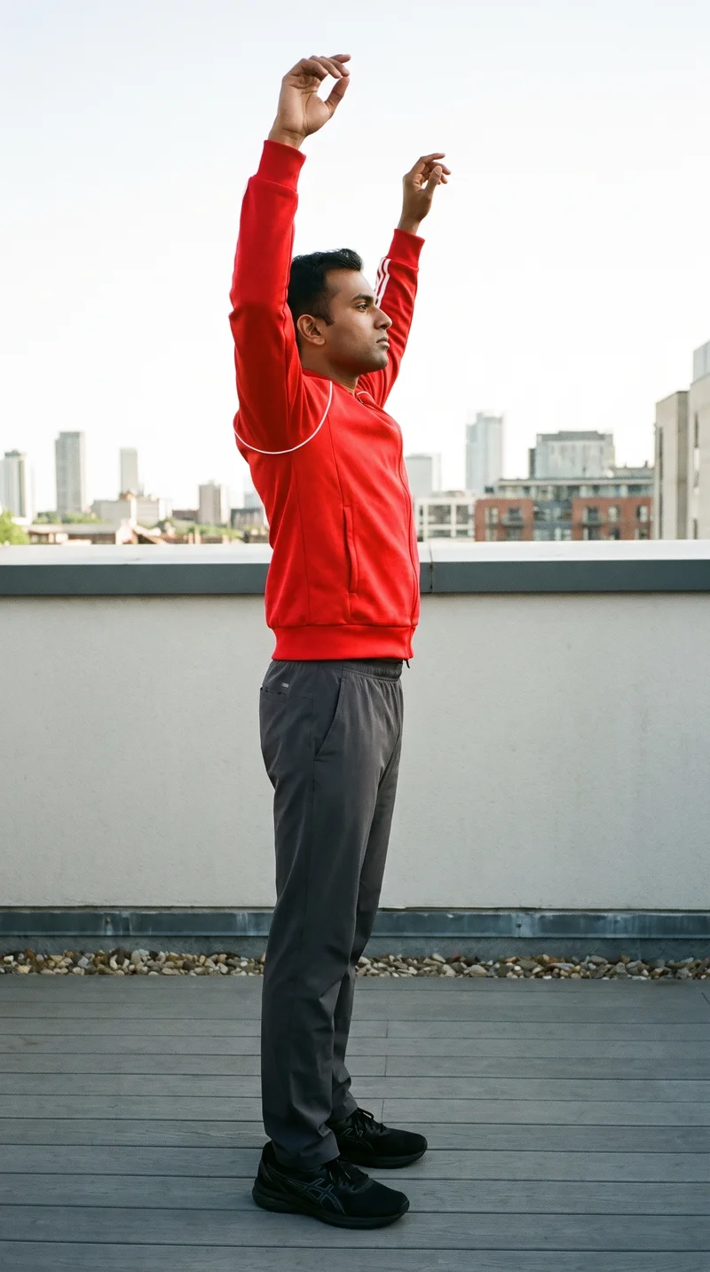 A 20-year-old Indian man wears a red striped track jacket in a full-body side view, standing with his arms overhead and a neutral expression. A rooftop cityscape forms the backdrop.