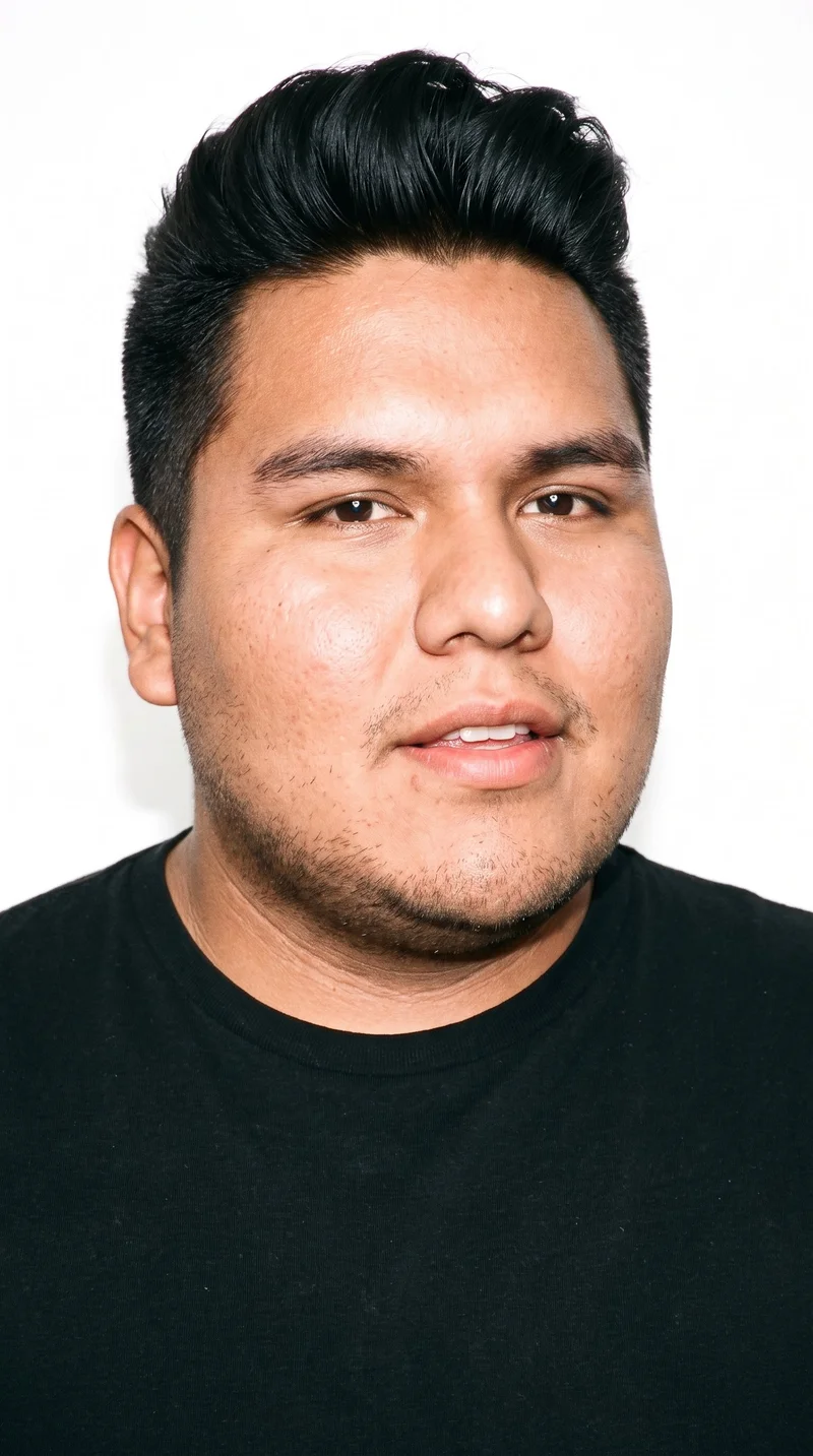 A 23-year-old Indigenous American man with medium-brown skin and a warm golden-red copper undertone has a long face, defined by a tall forehead and elongated cheeks. He has thick eyebrows, brown eyes, and full lips. His deep black hair is styled up and back at the front for height, with shorter sides, and fine, closely trimmed stubble lightly covers the beard area.