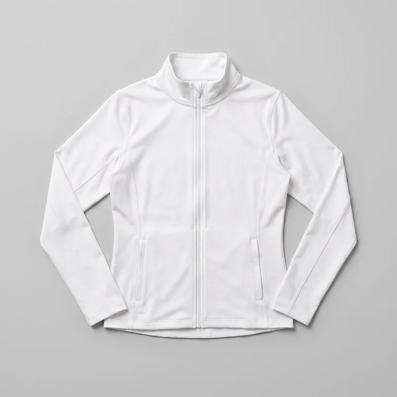 A white women's athletic track jacket is shown laid flat in a mostly complete front view. It has a slim, body-skimming fit, a high stand collar, a full-length center zipper, long fitted sleeves, paneled construction with curved seams, visible flatlock-style stitching, and two vertical lower front welt pockets. The hem is slightly shaped, with a lower back layer visible at the bottom.