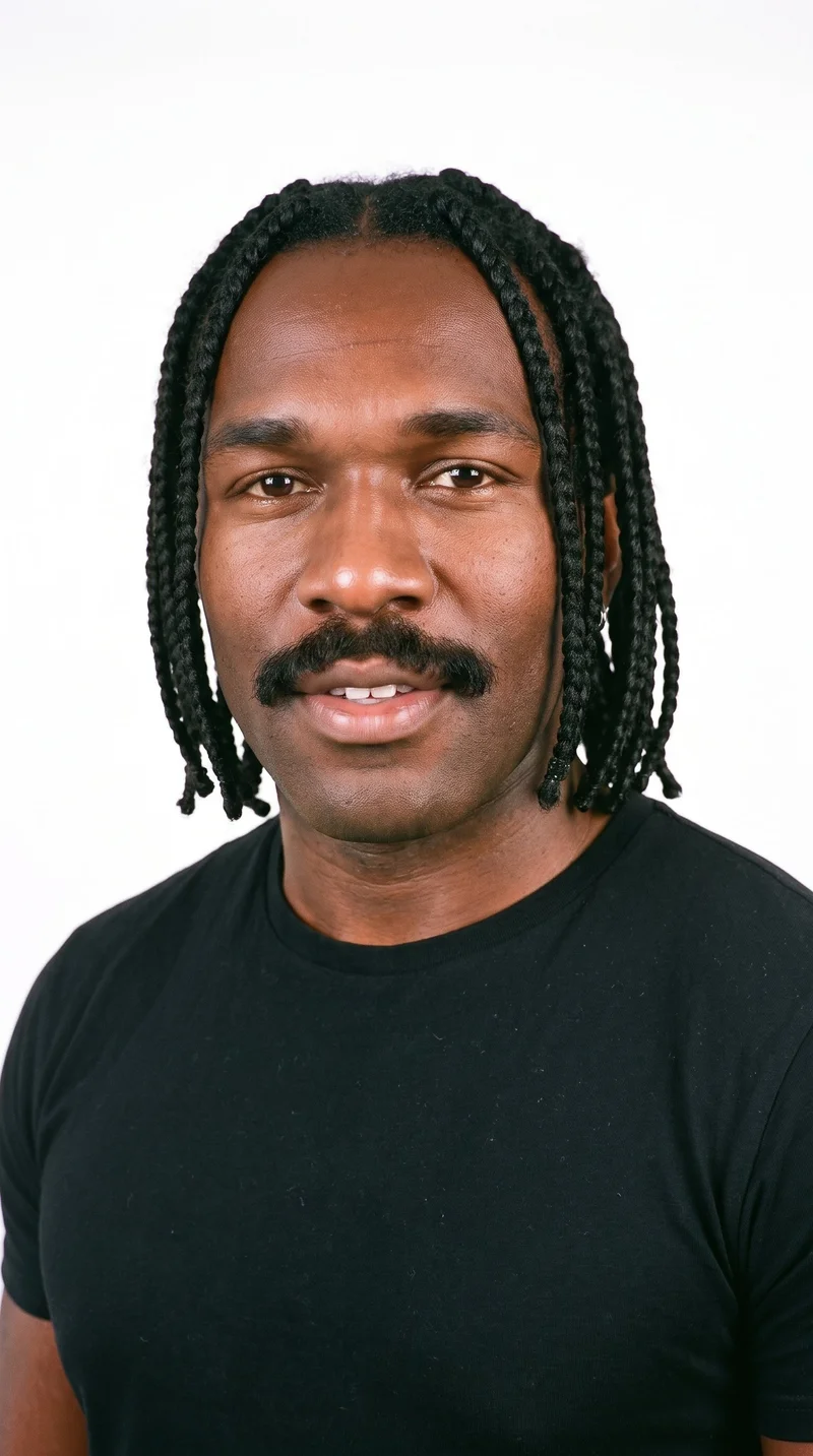 A 35-year-old African man with dark-brown skin and a red-copper undertone. He has a square, angular face with a broad forehead and a strong, defined jaw, medium-thickness eyebrows, brown eyes, and full lips. His black hair is styled in long box braids formed from square sections, and he wears a thick chevron mustache over the upper lip, angled downward at the sides.