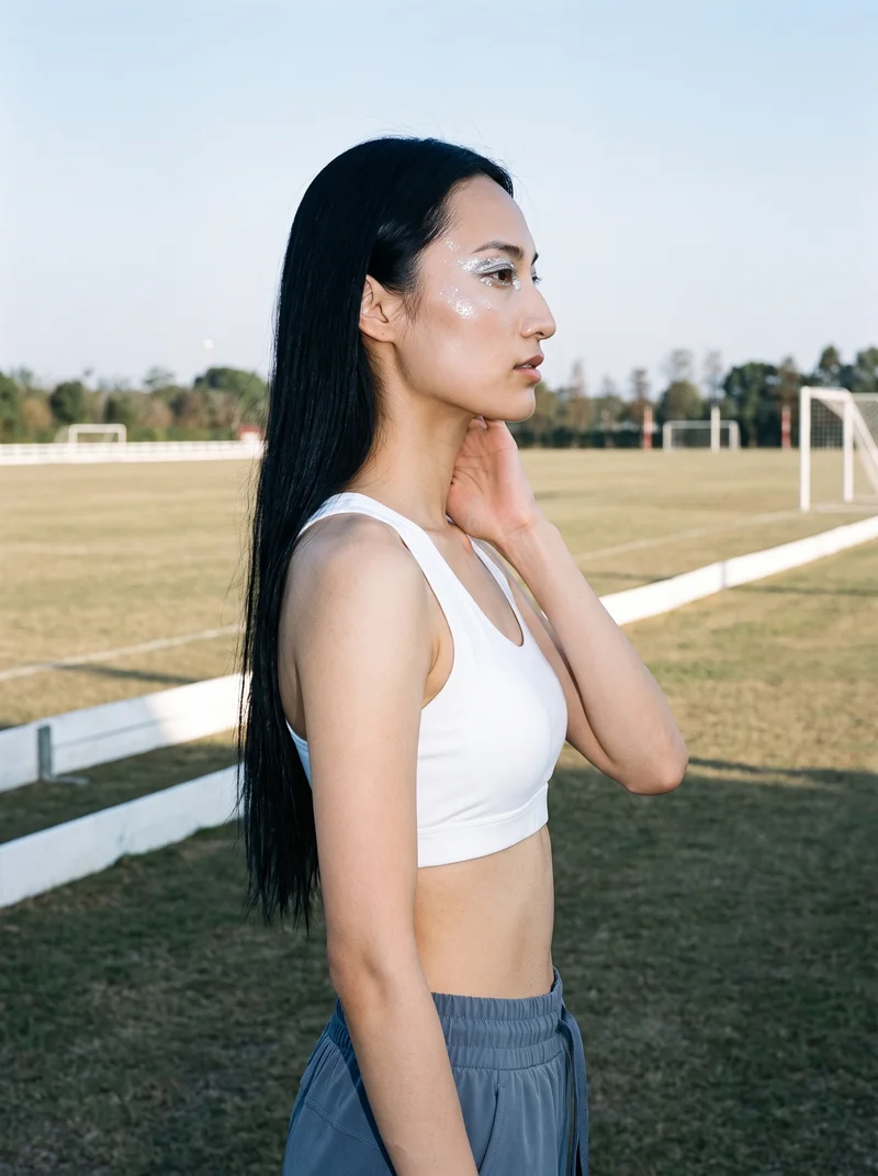 White Padded Sports Bra, Upper body at Side, Clean Catalog lighting