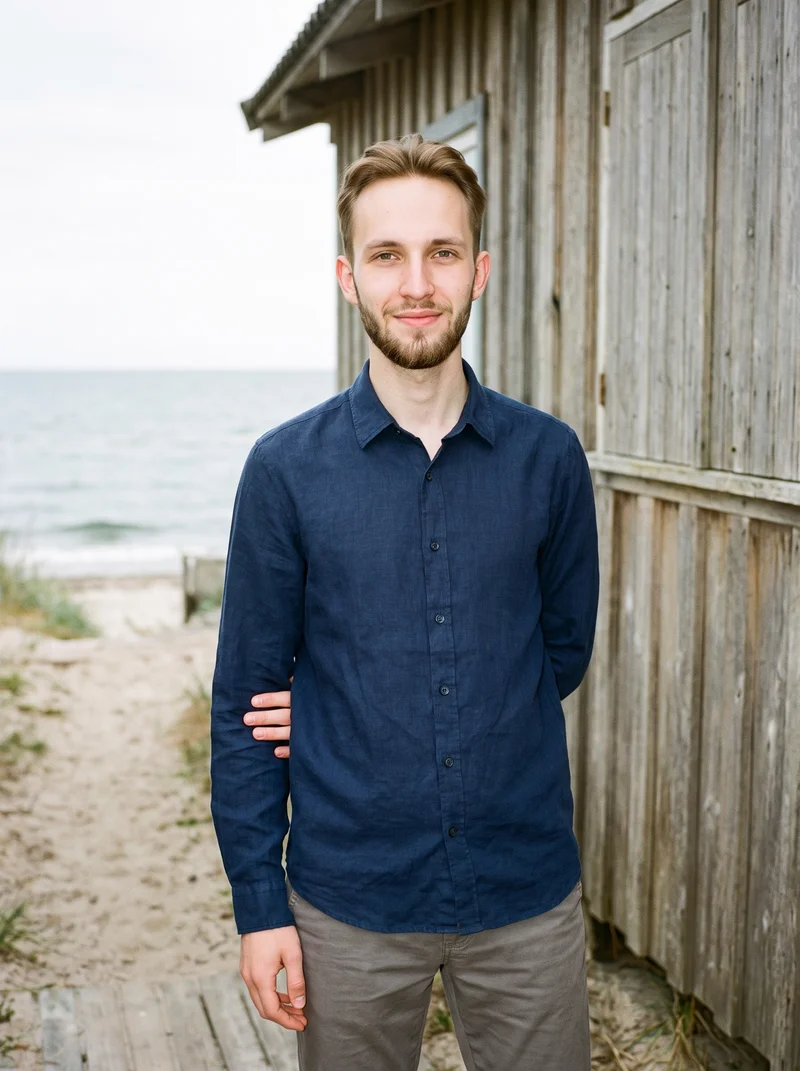 Navy Linen Shirt, Three-quarter length at Front, Clean Catalog lighting