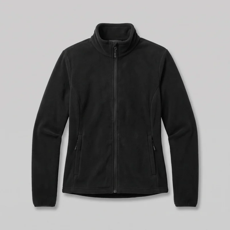 A front-facing black fleece jacket is shown as a standalone product, mostly complete in the frame. It has a regular hip-length fit, a straight front silhouette, long set-in sleeves, a raised stand collar, a full center zipper extending to the collar, two low vertical zip hand pockets, shaped front panel seams, bound cuffs, and a straight bound lower hem.