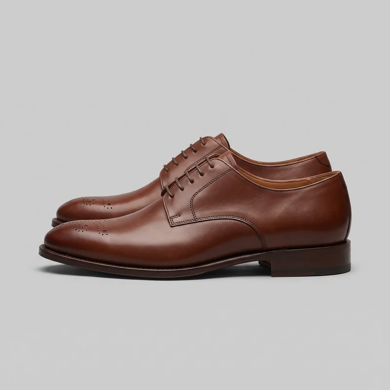 A complete pair of brown low-cut lace-up derby dress shoes is shown in a side-oriented view. The shoes have rounded almond toes with perforated brogue decoration, open lacing with five pairs of eyelets, stitched derby facings and quarter panels, smooth vamps, piped toplines, low stacked block heels, and projecting sole edges with layered welt-like trim.