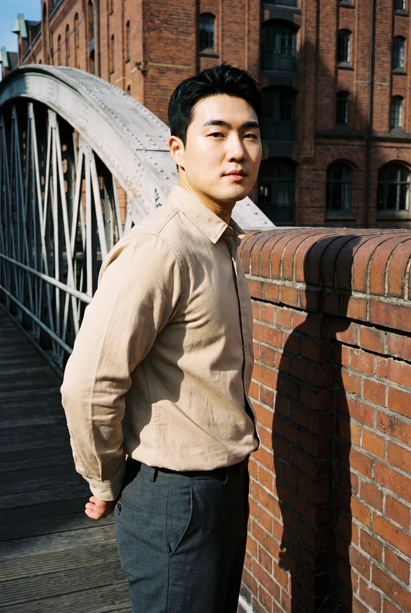 Beige Twill Overshirt, Three-quarter length at Three-quarter, Flash Editorial lighting