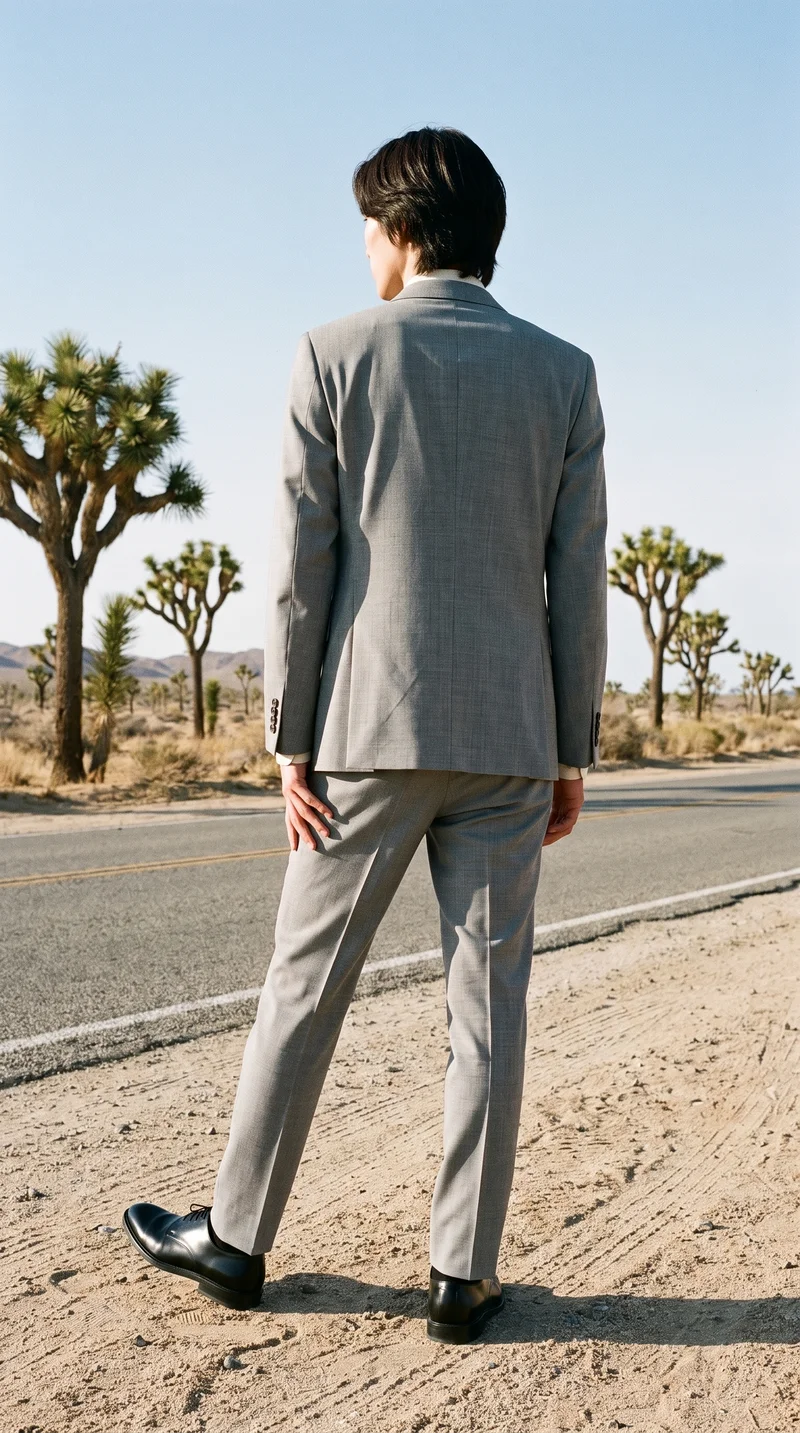 A 21-year-old Korean man wears a men's light grey suit, shown from behind in an environmental composition with one hip angled outward. A Joshua Tree desert highway serves as the backdrop.