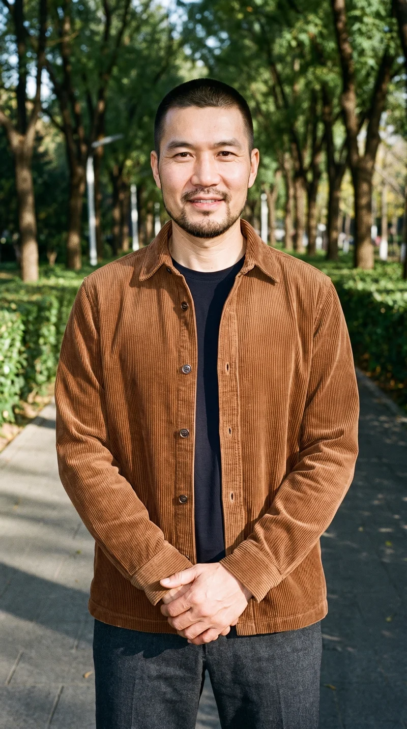 A 58-year-old Chinese man wears a brown corduroy overshirt in an upper-body front view, with his hands held in front and a smile. A park pathway forms the backdrop.