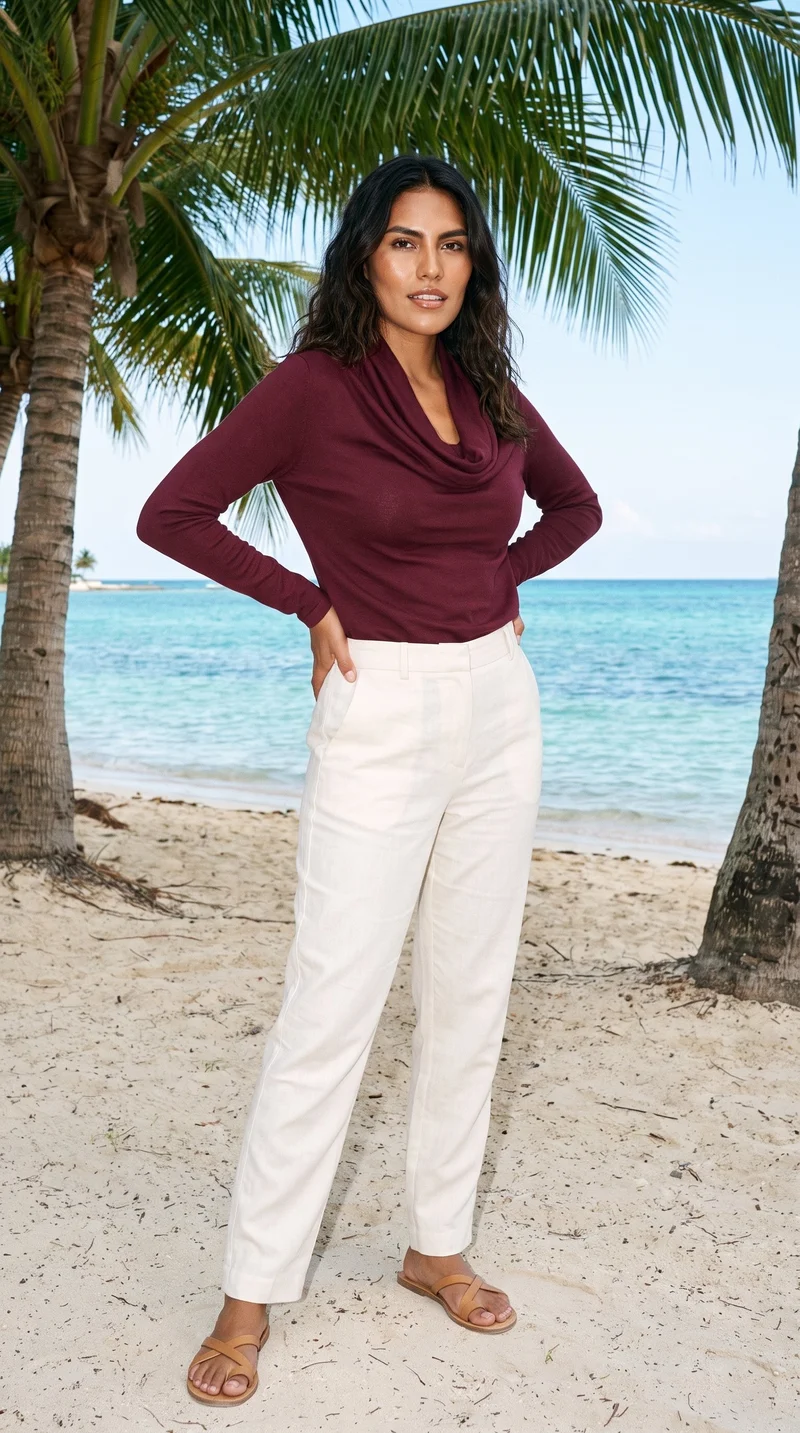 A 24-year-old Hispanic woman is shown full body from an angled front view wearing a burgundy cowl-neck top. She stands with her hands on her hips and a confident expression against a palm tree beach backdrop.