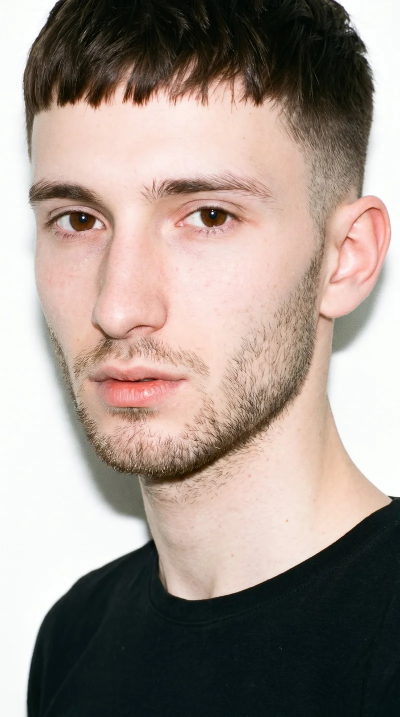 A 20-year-old Caucasian man with pale skin and a warm golden undertone has a long face, defined by a tall forehead and elongated cheeks. His eyebrows are thin, and his eyes are brown. He has thin lips and dark-brown hair styled in a French crop with short sides and a short, blunt fringe. Short, even three-day beard growth covers his face with a clearly visible, closely groomed texture.