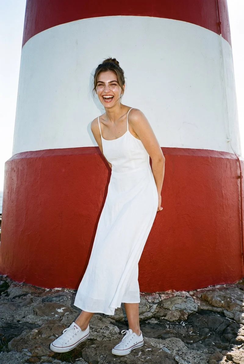 A 26-year-old Caucasian woman is shown full body from an angled front view wearing a white linen maxi dress. She is laughing with her hands behind her back, posed against a New England lighthouse backdrop.