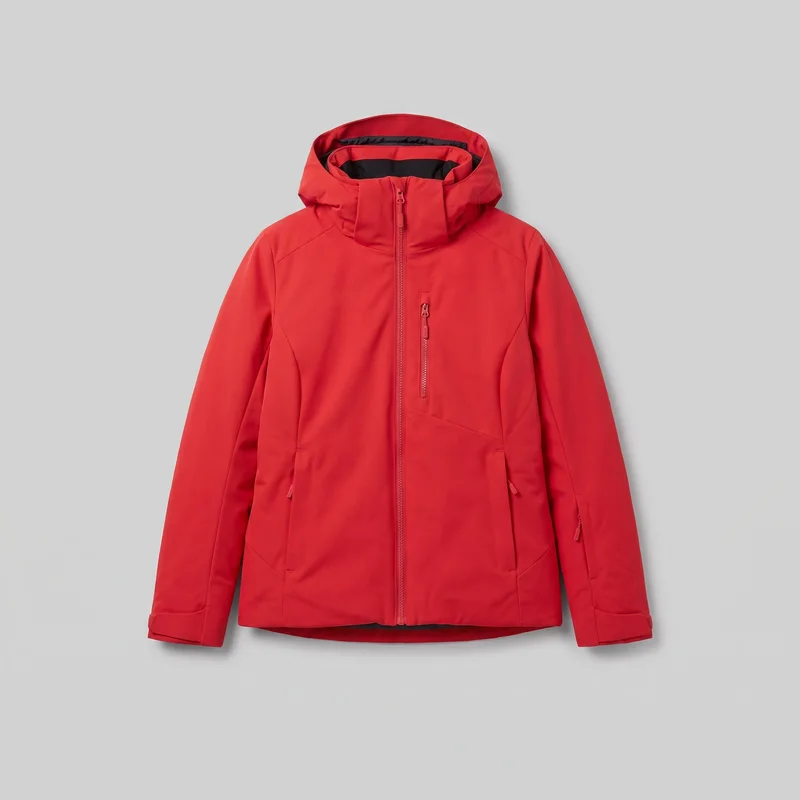 A standalone front view of a women's red insulated ski jacket with a raised hood, high funnel neck, long sleeves, and a full-length center zipper. The regular-cut jacket has a straight hip-length front hem with a slightly dropped back edge, curved raglan-style seams, a vertical zip chest pocket, angled lower hand-pocket seams, a visible forearm zip pocket, and adjustable cuff tabs. A contrasting inner panel is visible around the hood opening and upper collar.