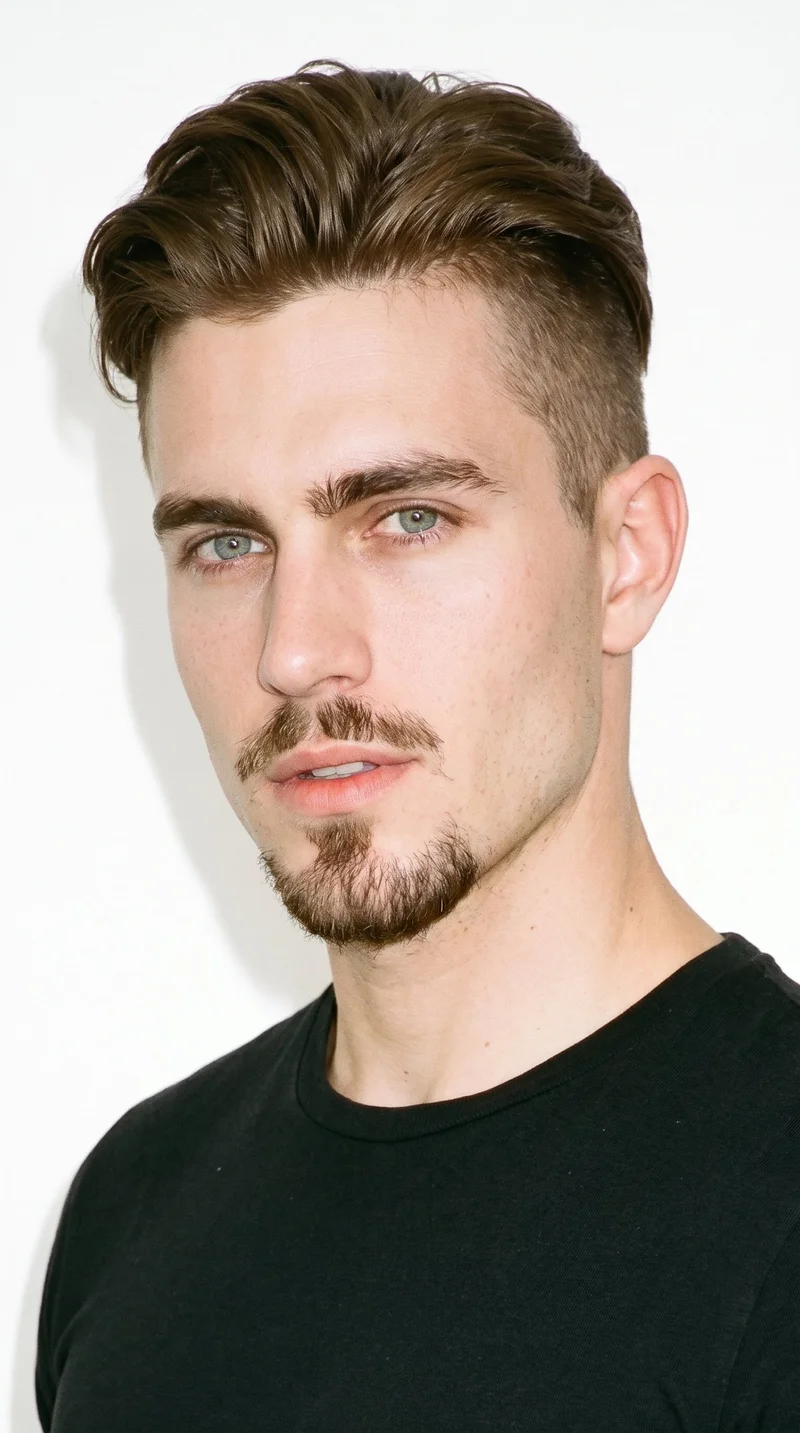 A 24-year-old Caucasian man with pale skin and a neutral undertone has a square, angular face defined by a broad forehead and strong jaw. His thick eyebrows frame cool, clear grey eyes, and his lips are medium in fullness. He has brown hair styled in an undercut, with longer hair on top and markedly shorter sides and back. A connected moustache and rounded goatee form a circle around his mouth.