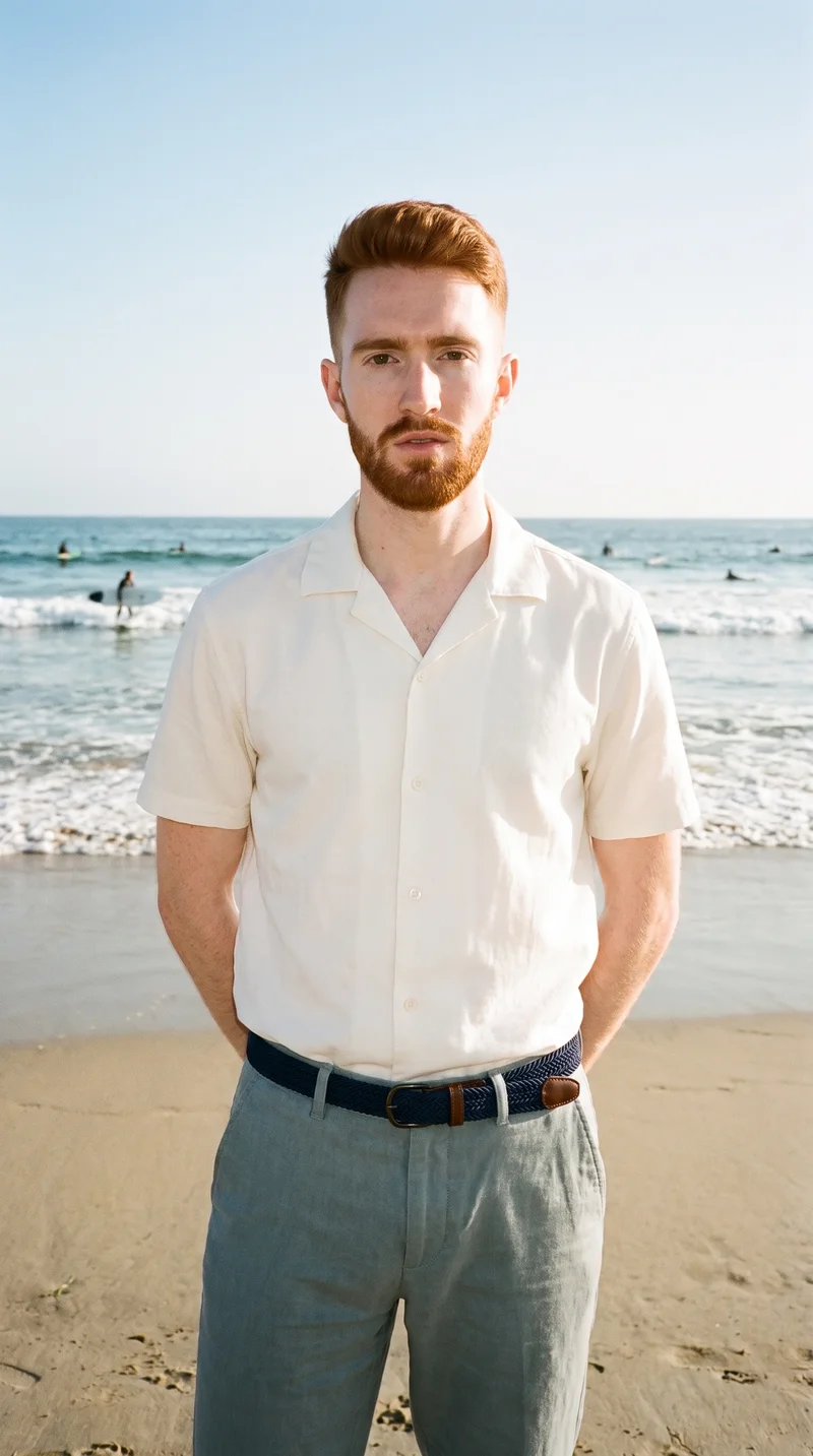 A 22-year-old Caucasian male model wears a navy woven belt in a front-view, three-quarter-length composition with his hands behind his back and a natural expression. A surfing beach serves as the backdrop.
