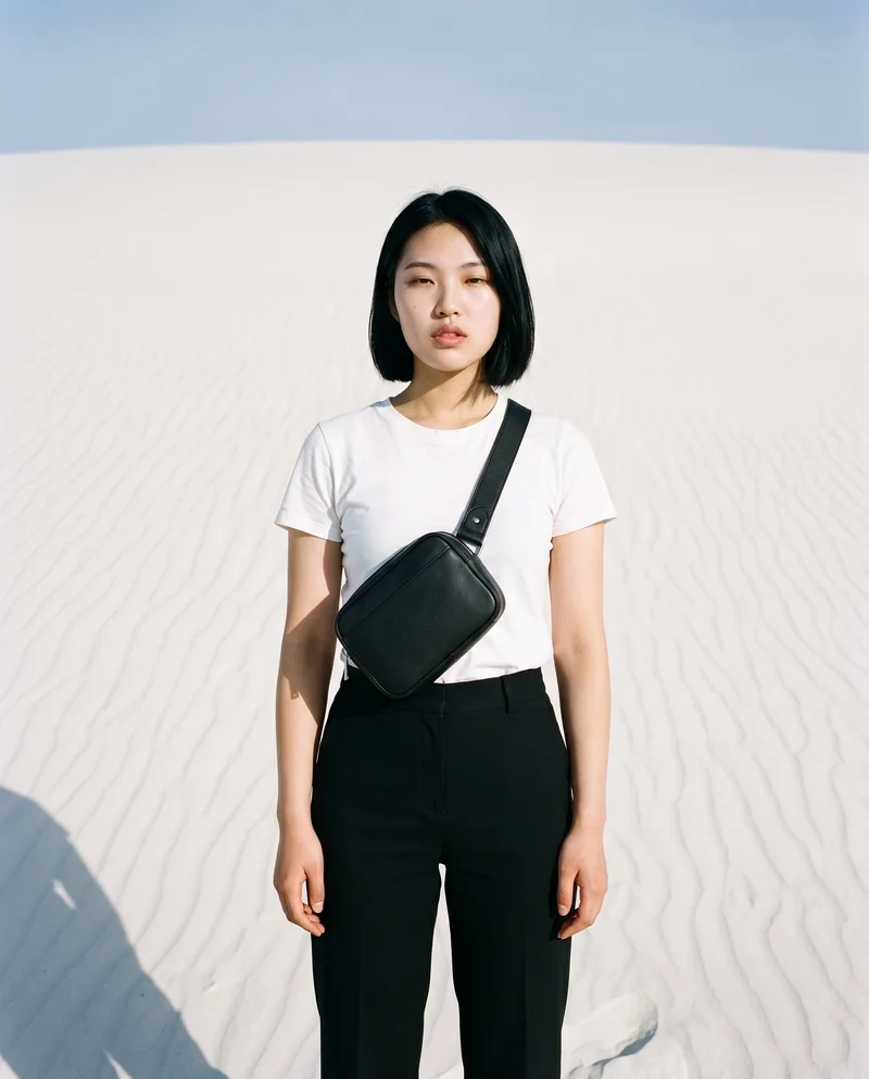 An 18-year-old Chinese woman is shown in a front-facing three-quarter-length view carrying a black belt bag crossbody. The white sand dunes form the backdrop.
