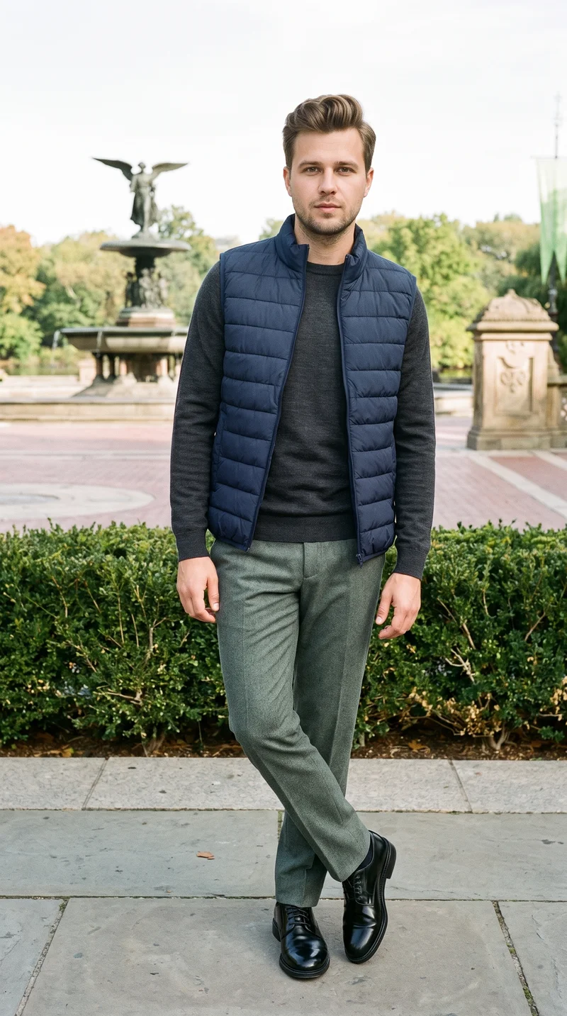 Men's Navy Padded Gilet, Full body at Three-quarter, Clean Catalog lighting