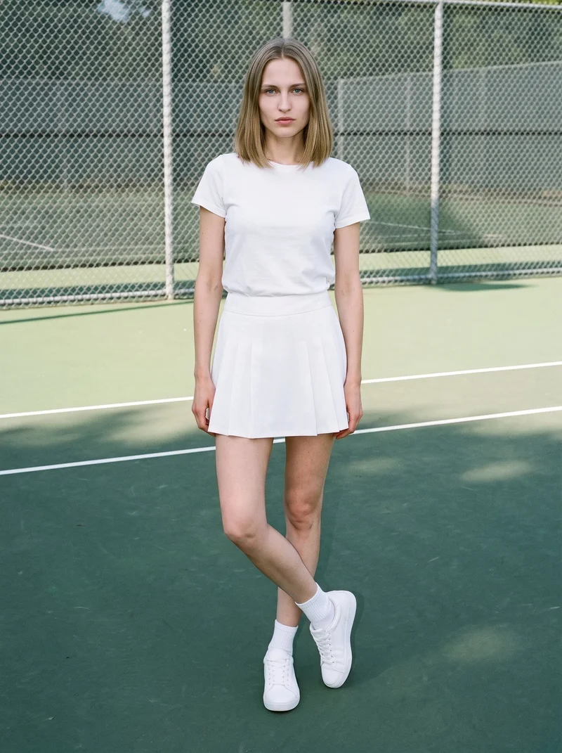 A 27-year-old Slavic woman models a white tennis mini skirt in a full-body front view, standing with her ankles crossed and a neutral expression. A tennis court forms the backdrop.
