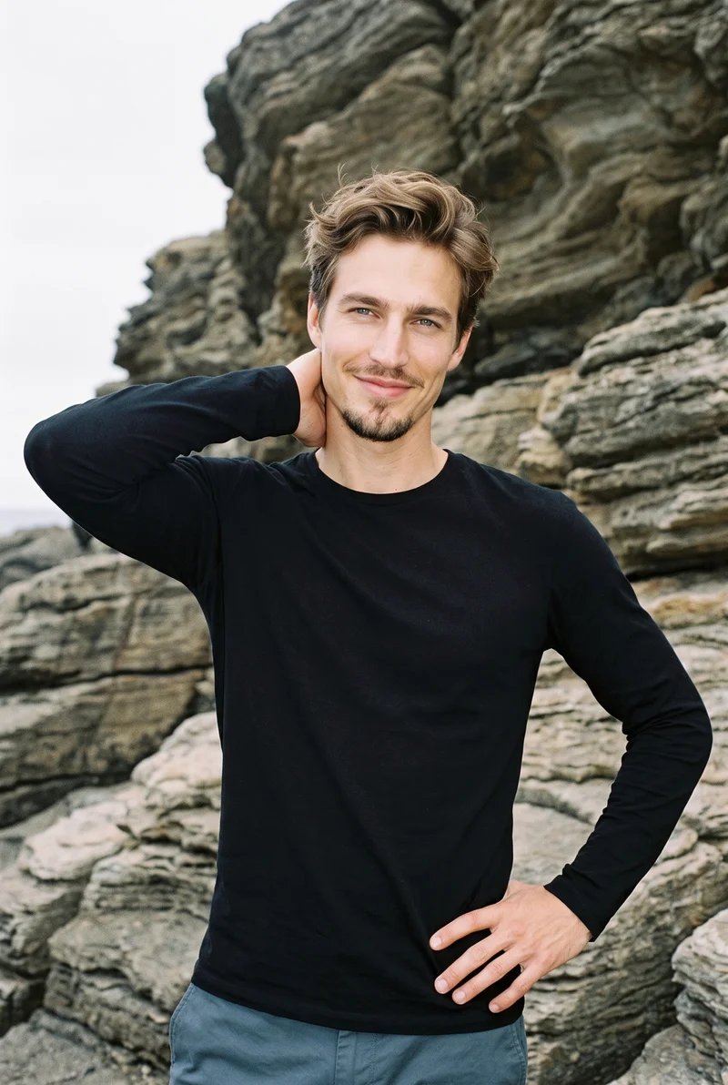 A 34-year-old Caucasian man wears a black long-sleeve tee in an upper-body front view. He is smiling with one hand behind his neck, against a Badlands backdrop.