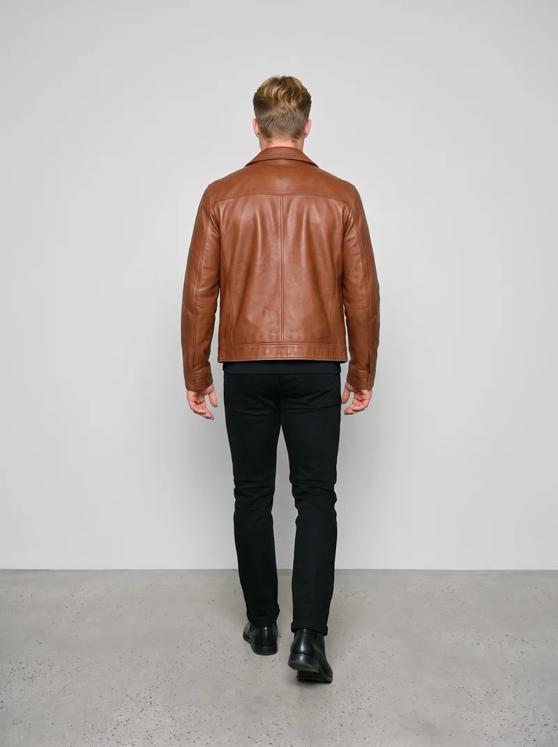 A 21-year-old Caucasian man is shown full body from the rear while walking, wearing a brown leather jacket. A pearl grey studio-wall backdrop fills the background.