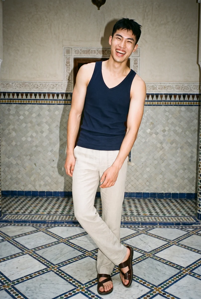 An 18-year-old Chinese male model wears a navy ribbed vest in a full-body front view. He poses with one hip out and is laughing, with a Moroccan riad courtyard backdrop.