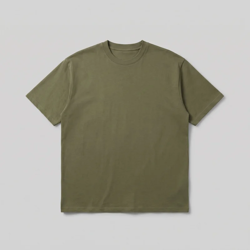 An olive oversized men's T-shirt is shown laid flat in a standalone front view, with the full garment outline visible. It has a crew neckline with a ribbed neckband, set-in short sleeves, shoulder seams, sleeve hems, a straight bottom hem, and neat double-row stitching around the neckline, sleeve openings, and lower hem. No closures, pockets, logos, prints, embroidery, patches, or embellishments are visible.