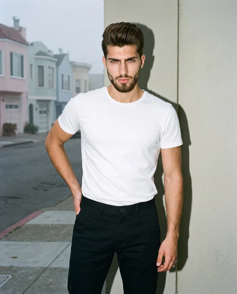 A 19-year-old Turkish male model wears black chinos in a front-facing, three-quarter-length view with one hand on his hip and an intense expression. The houses of Sunset District Fog appear as the backdrop.