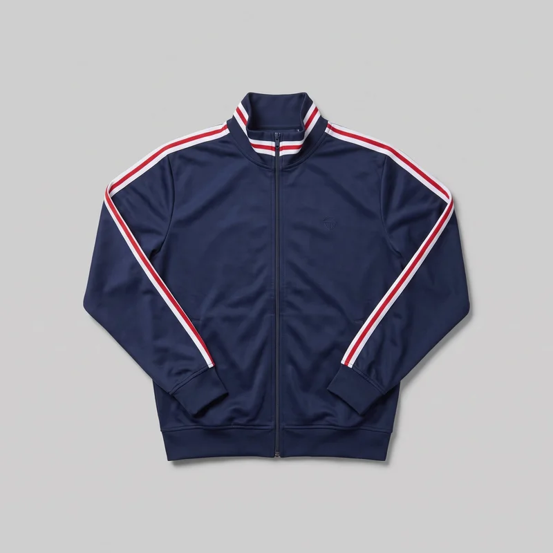 A mostly complete front view of a men's navy retro track jacket laid flat. The full-zip jacket has a stand collar, long sleeves, ribbed cuffs and hem, slanted lower welt pockets, contrast stripe tape running from the collar and shoulders down the outer sleeves, and a small tonal shield-style embroidered logo on the left chest.
