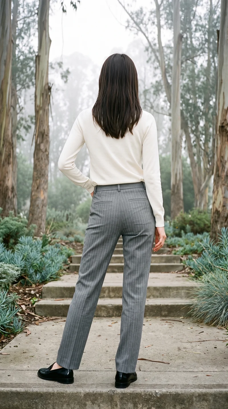 Women's Grey Pinstripe Suit Trousers, Full body at Back, Natural E-Commerce lighting