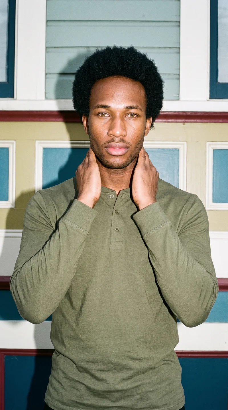 A 19-year-old African man wears an olive long-sleeve henley top in an upper-body front view. His hands are positioned on his neck, and he has a natural facial expression. Charleston Rainbow Row appears as the backdrop.