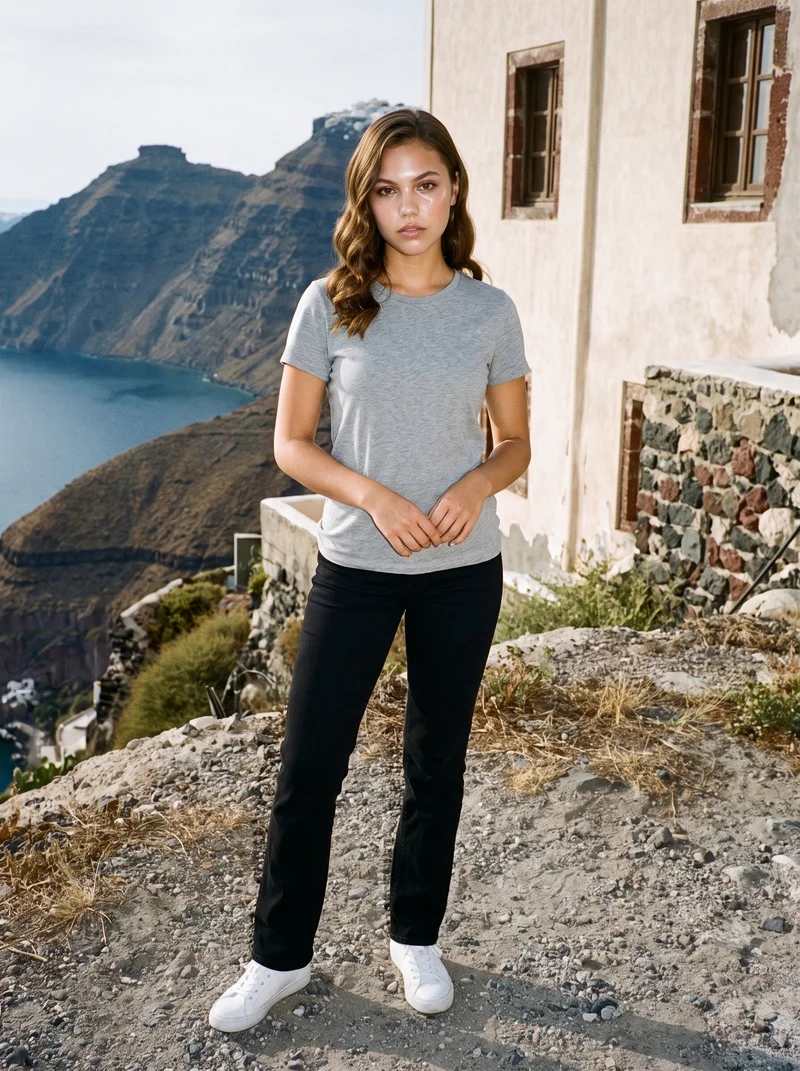 An 18-year-old Caucasian woman is shown full-body from the front wearing a grey marl T-shirt. She stands with her hands in front and a confident expression, against a Santorini caldera backdrop.