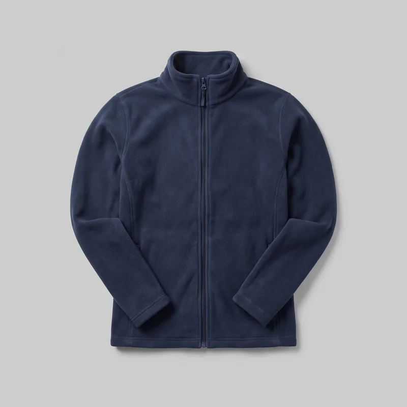 A mostly complete front view of a navy women's fleece jacket laid flat. It has a regular straight fit, a high stand collar, long set-in sleeves, a full-length center zipper with visible pulls at the collar and hem, shaped vertical front panel seams, and a straight hip-length hem. Stitched hems are visible at the sleeves and bottom, with no logos, prints, patches, embroidery, or embellishments.