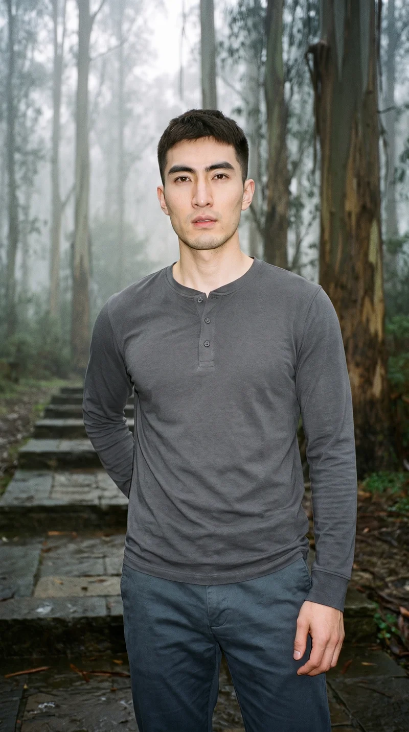 Men's Charcoal Henley Top, Three-quarter length at Front, Natural E-Commerce lighting
