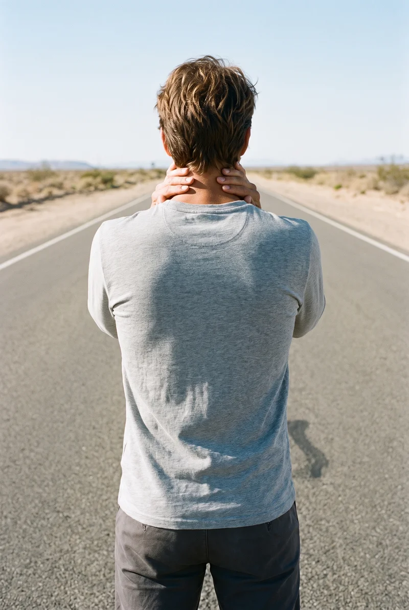 A 42-year-old Caucasian man is shown from the back in an upper-body view, wearing a grey cotton Henley top with his hands on his neck. A desert highway backdrop extends behind him.