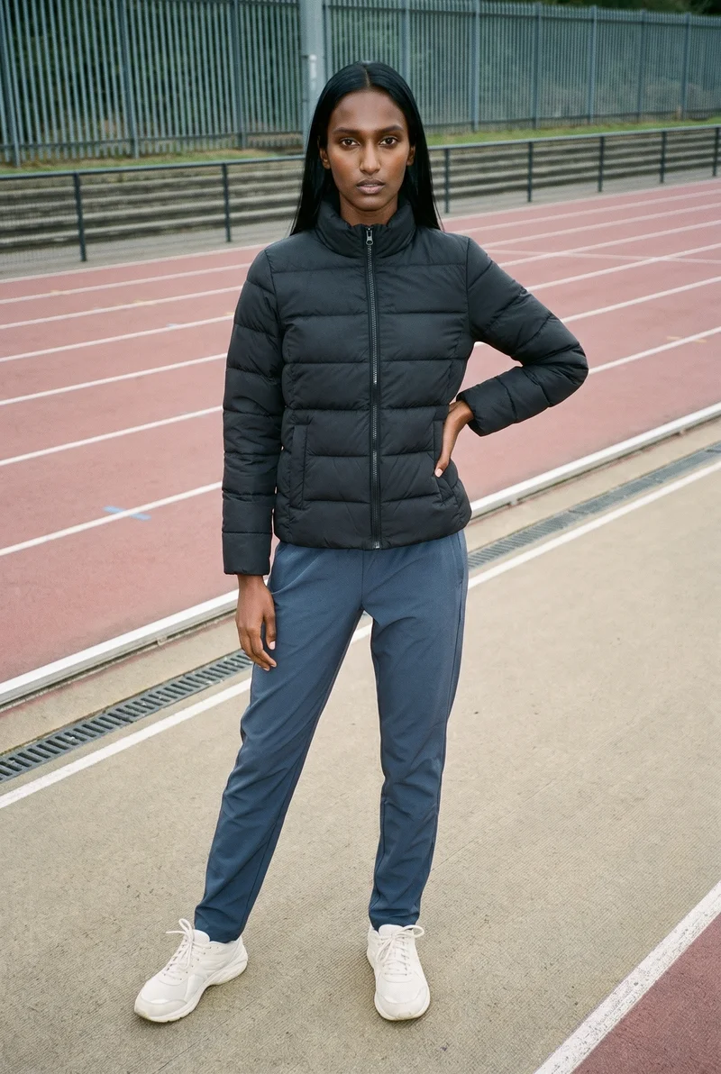 An 18-year-old Indian woman wears a black puffer jacket in a full-body front view, standing with one foot forward and a neutral expression. A running track forms the backdrop.