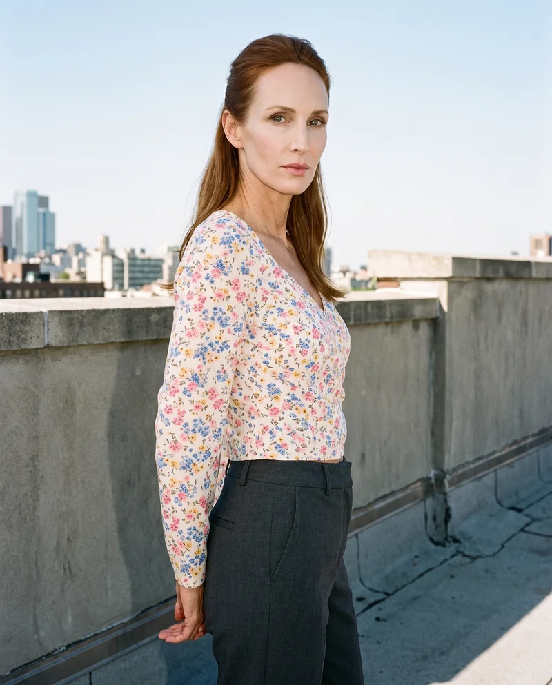 Floral Print Wrap Top, Three-quarter length at Side, Clean Catalog lighting