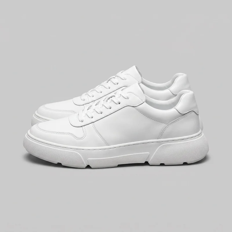 A pair of men's chunky white low-top lace-up sneakers is shown in a side three-quarter view. The rounded toes, flat laces threaded through eyelets, padded collars, stitched layered panels, and thick platform soles with textured sections and tread lugs are visible.