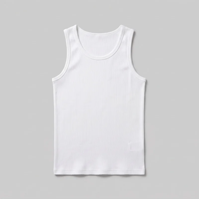 A white sleeveless ribbed tank top is shown laid flat in a standalone full-product view. It has a scoop neckline, narrow shoulder coverage forming wide armholes, a straight full-length body, fine vertical ribbing, bound trim around the neckline and armholes, and visible stitching along the shoulder edges and hem. No closures, pockets, logos, prints, embroidery, or embellishments are visible.
