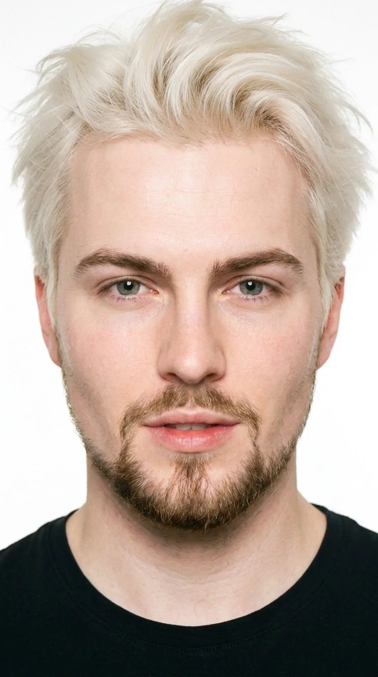 A 23-year-old Caucasian man with fair skin and a warm golden undertone has a diamond-shaped face, with a narrow forehead and jaw and cheekbones forming the widest part of his face. His eyebrows are thin, and his medium lips are framed by a connected moustache and rounded goatee forming a circle around the mouth. He has hazel eyes with green-gold flecks and tousled platinum-blonde hair with deliberately undone texture and natural movement.