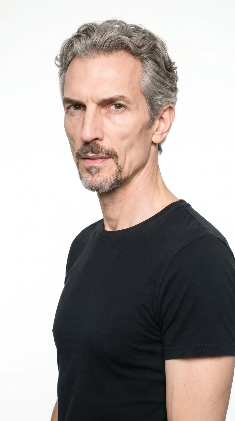 A 55-year-old Caucasian man with porcelain skin and a cool undertone has a lean, gaunt face with hollowed cheeks and sharply sculpted bone structure. His thin eyebrows frame hazel eyes with green-gold flecks, and he has thin lips. His gray hair falls in soft waves, and a connected moustache and rounded goatee form a circle around his mouth.