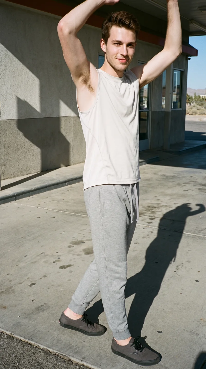Men's Grey Joggers, Full body at Three-quarter, Flash Editorial lighting