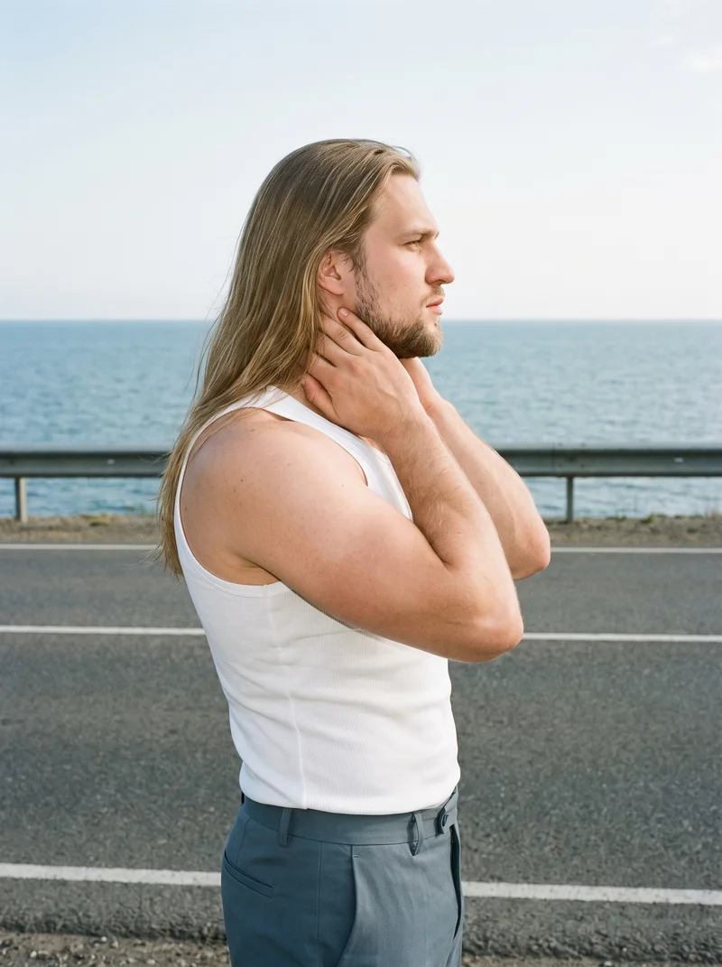 A 27-year-old Slavic man wears a white ribbed vest in an upper-body side-view composition, with his hands on his neck and a soft facial expression. The Pacific Coast Highway appears as the backdrop.