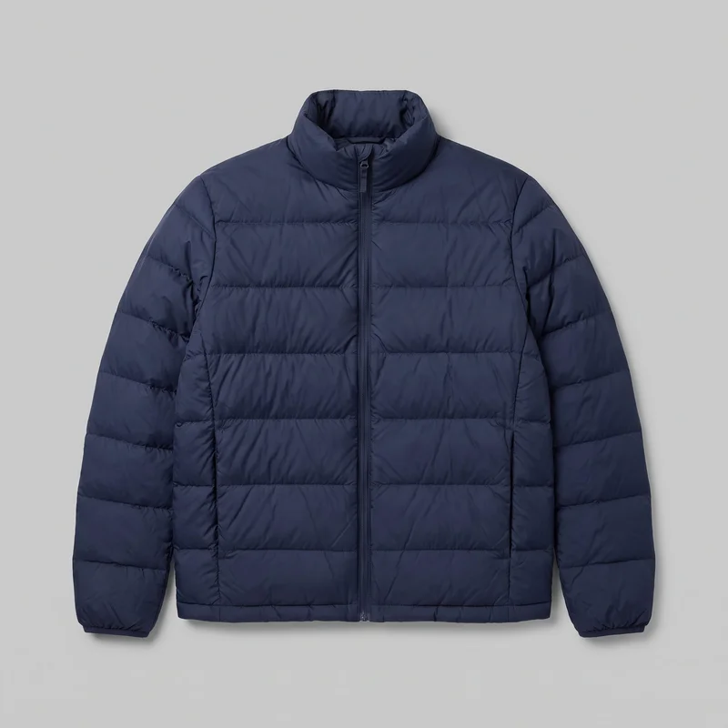 A men's navy insulated down jacket is shown laid flat in a complete front view. It has a hip-length straight cut, high stand collar, long sleeves with gathered elastic cuffs, full-length central zipper, horizontal quilted baffles, vertical side panel seams, and two lower front side-entry pockets.